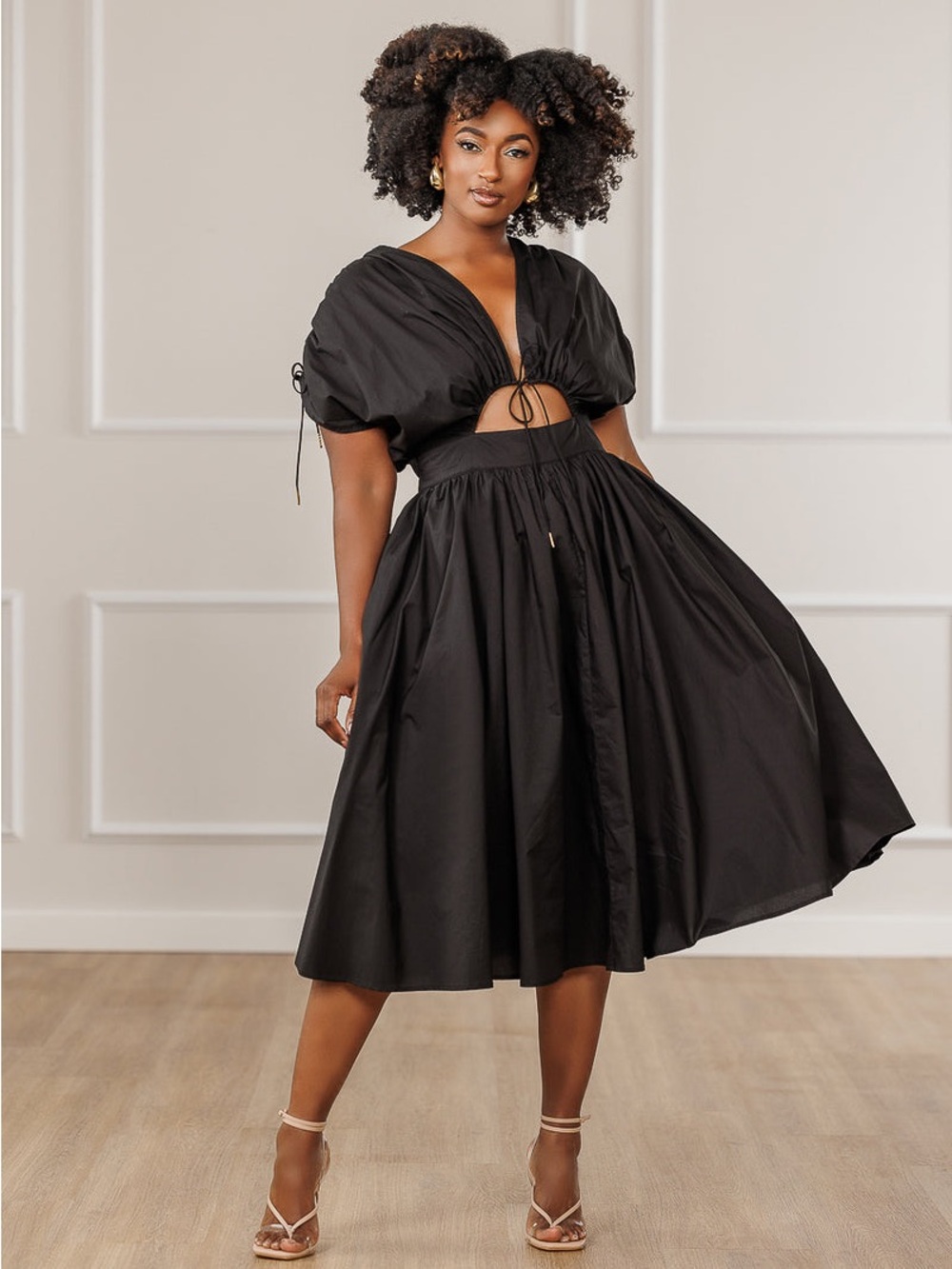 J. Brooks Boutique Black Puff Sleeve Midi Dress with Waist Cutout Medium